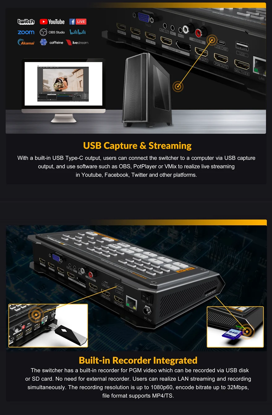 AVMATRIX HVS0401E Micro 4-Channel HDMI & DP Video Switcher with Streaming & Recording