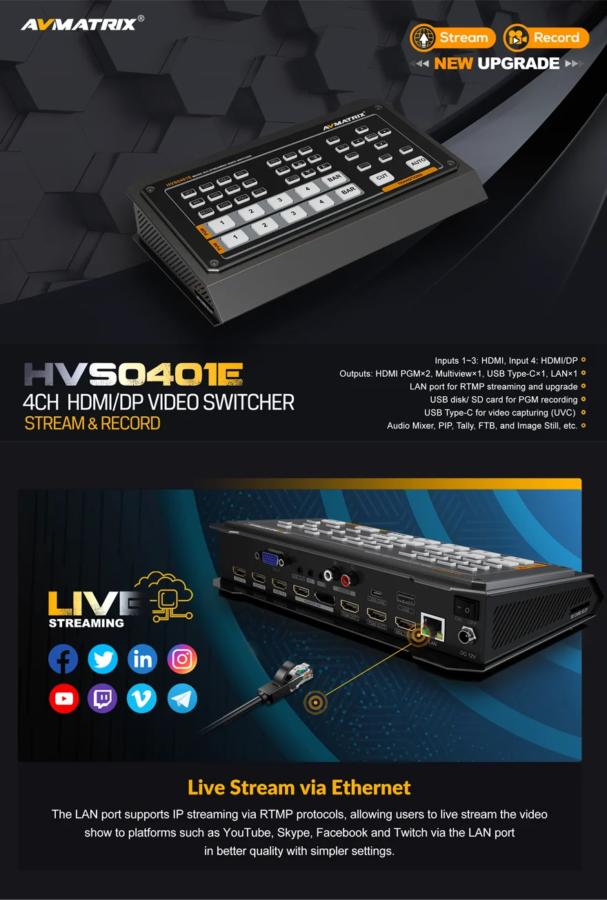 AVMATRIX HVS0401E Micro 4-Channel HDMI & DP Video Switcher with Streaming & Recording